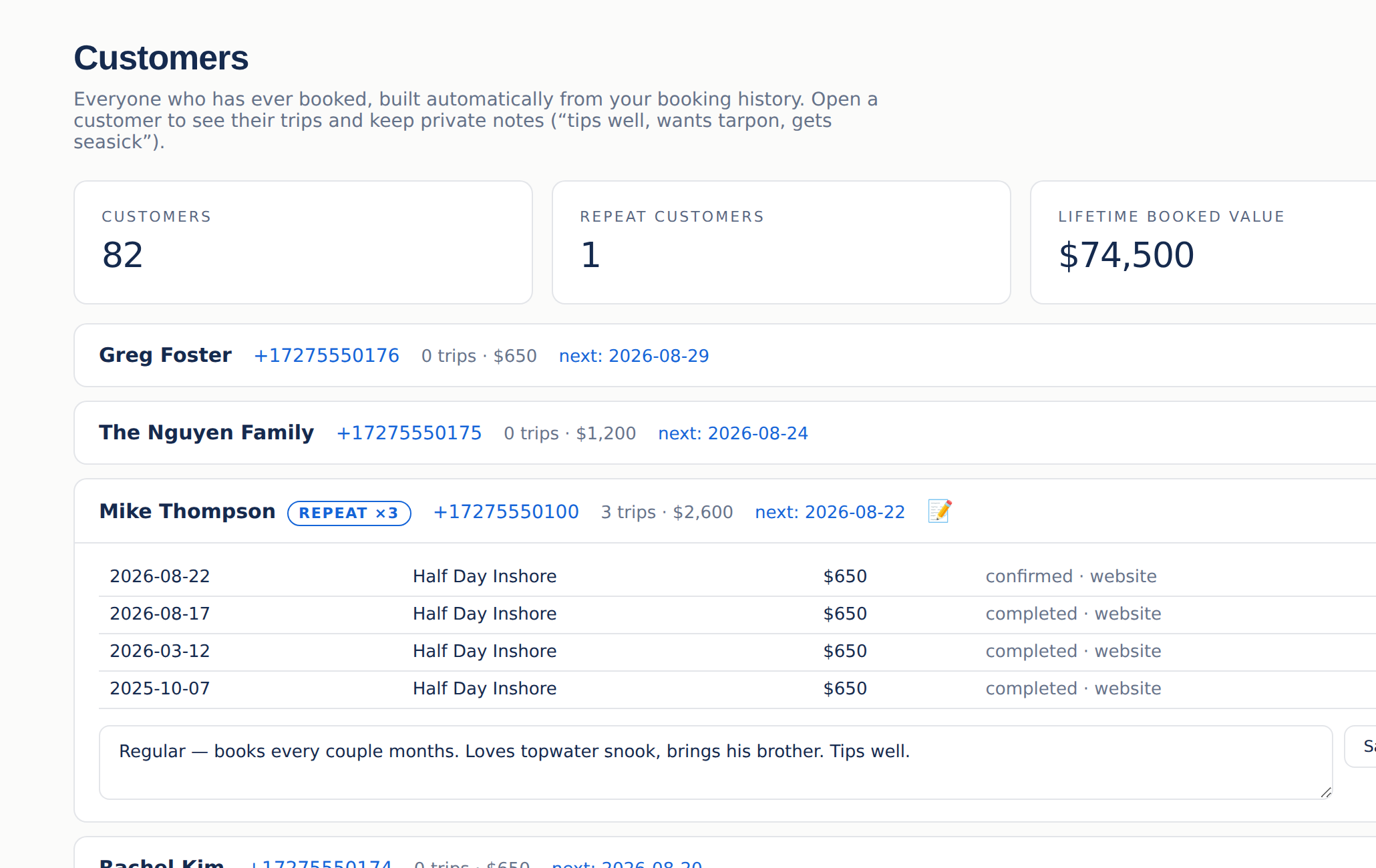 Customer list with a repeat customer opened, showing trip history and a private note